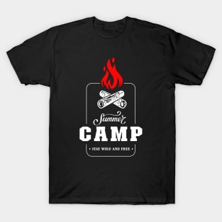 Summer Camp Stay Wild and Free Camping Wildlife Born to Camp Forced To Work Dark Background Camping Campfire Summer Design T-Shirt